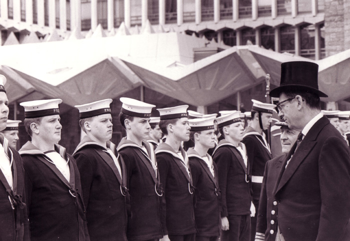 Lord Mayor of London inspecting the guard of honour at Mansion House accompanied by Captain Colin Vine